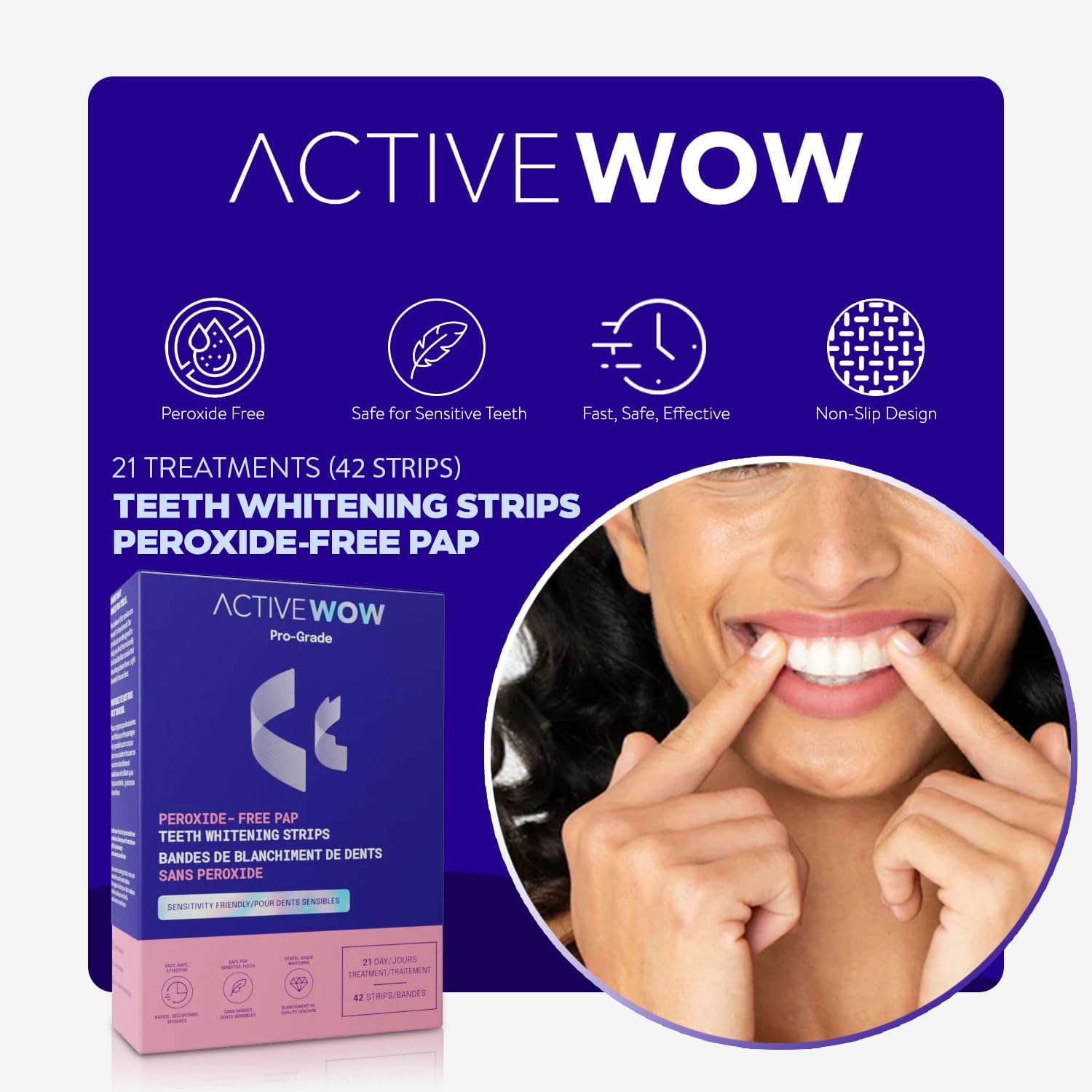 Active Wow 24k White Teeth Whitening Strips - Sensitive Teeth Whitening - 21-Day Kit, 42 Whitener Strips