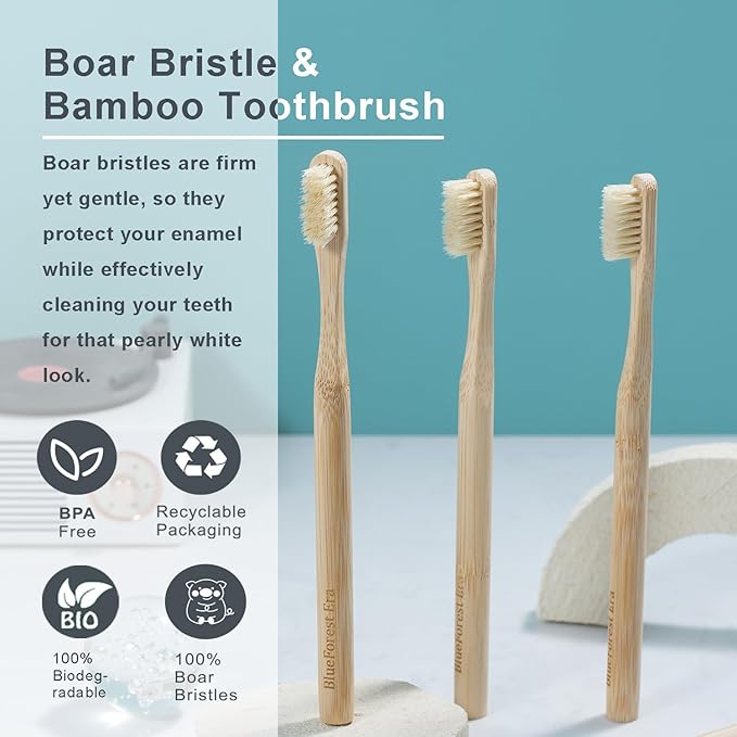 Boar Bristles & Bamboo Toothbrush, Premium Boar Bristle Toothbrush for Adult, Plastic & Nylon Free, Eco-Friendly Natural Biodegradable Compostable Bamboo Tooth Brushes 6 Pack