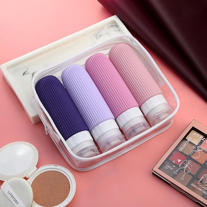 Travel Bottles for Toiletries, Tsa Approved 3oz Portable Travel Bottles, BPA Free Leak Proof Squeezable Silicone Travel Size Containers, Travel Accessories with Clear Toiletry Bag (4 Pack)