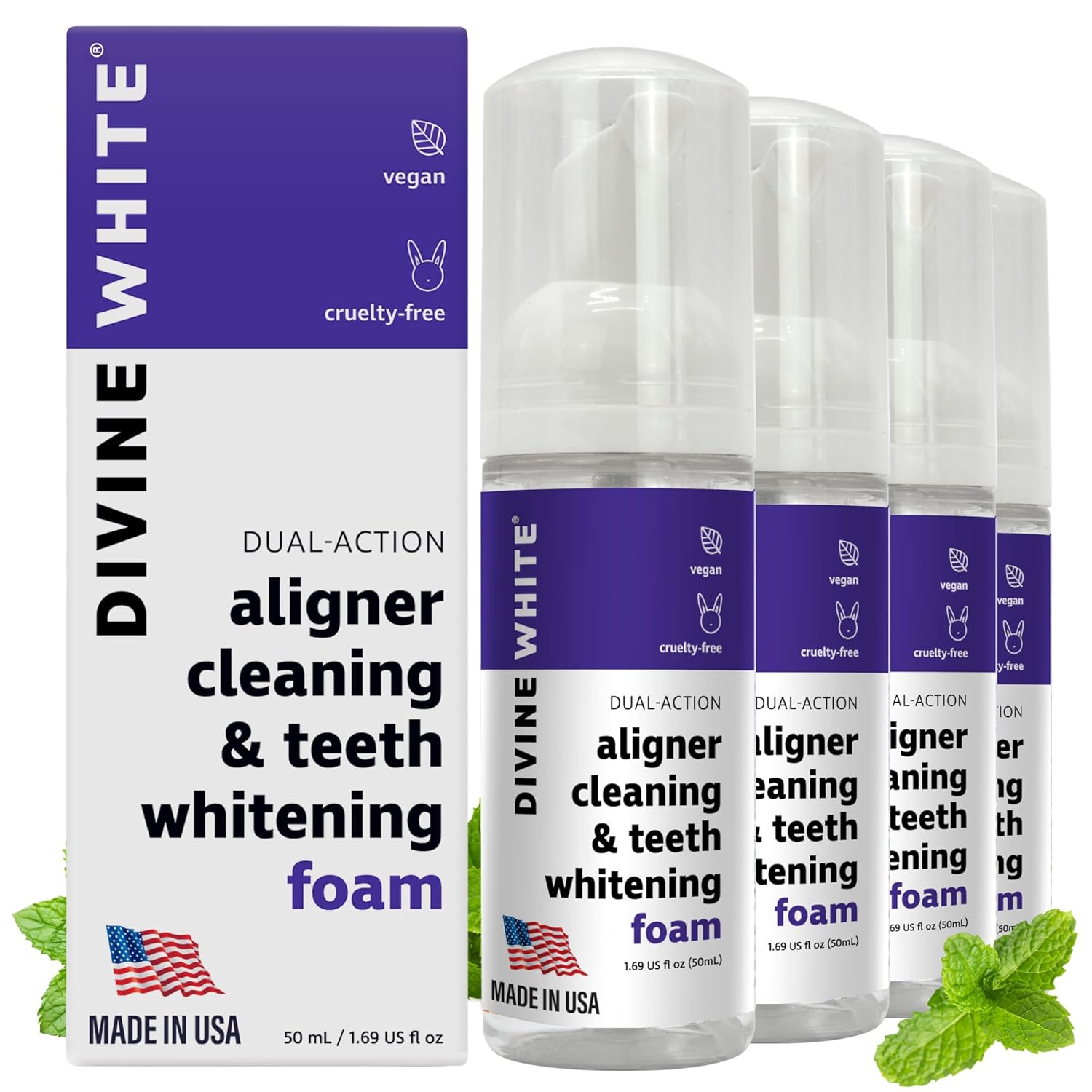 2 in 1 Aligner Cleaning and Teeth Whitening Foam, Vegan Formula Invisalign, Hawley Trays, Aligners, Retainer Cleaner Foam, Menthol Freshness Tooth Whitener Kit, Pack of 4