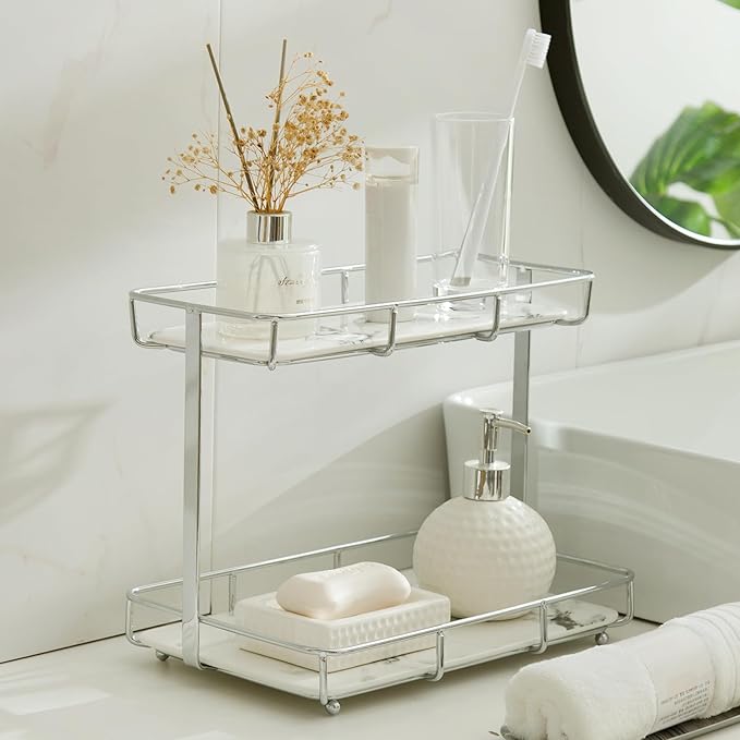 Bathroom Organizer Countertop Perfume Organizer Makeup Organizer Cosmetics Storage Display Rack Vanity Tray Dresser Stainless Steel Gold Shelf White Marble Ceramic Tray (2 Tier L-Sliver)