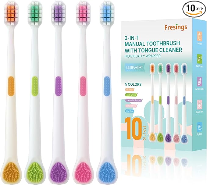 Ultra Soft Toothbrush Family Pack, 10 Pack for Adults & Kids – Sensitive Gum Care with 2-in-1 Tongue Scraper, Individually Wrapped for Travel, Guest & Home Use