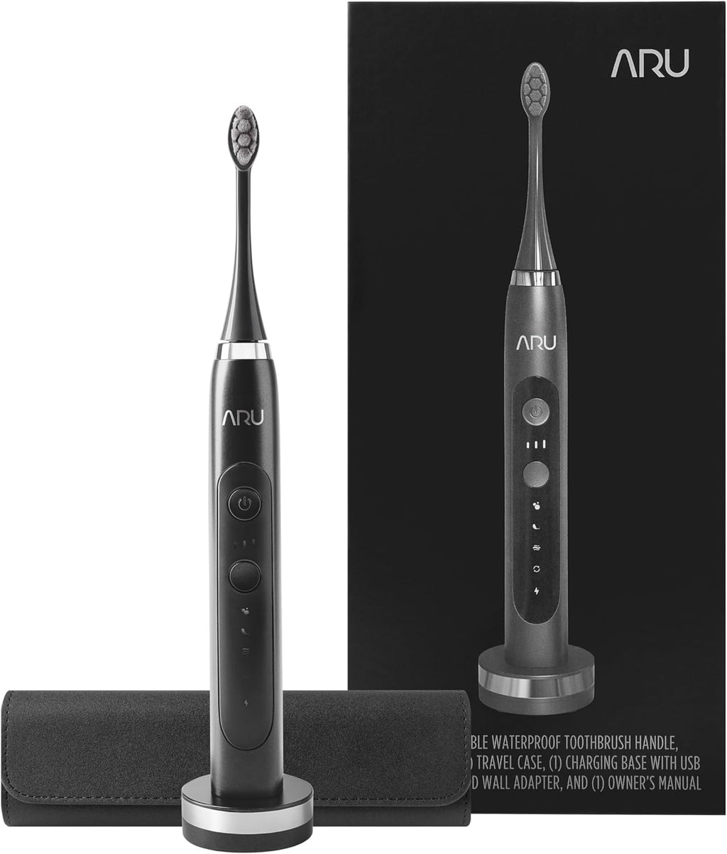 ARU Sonic Toothbrush Starter Kit with Customizable Modes and 2 Minute Timer, ADA-Approved Electric Toothbrush for Adults, Soft Toothbrush for Gums, 45+ Days Battery, Travel Case, Midnight Black