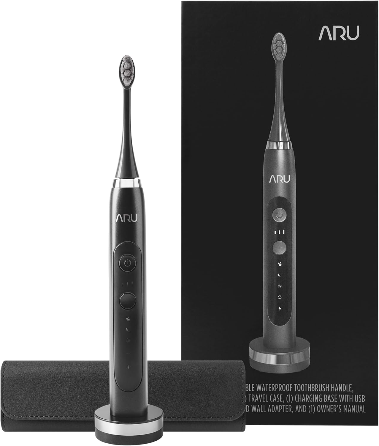 ARU Sonic Toothbrush Starter Kit with Customizable Modes and 2 Minute Timer, ADA-Approved Electric Toothbrush for Adults, Soft Toothbrush for Gums, 45+ Days Battery, Travel Case, Midnight Black