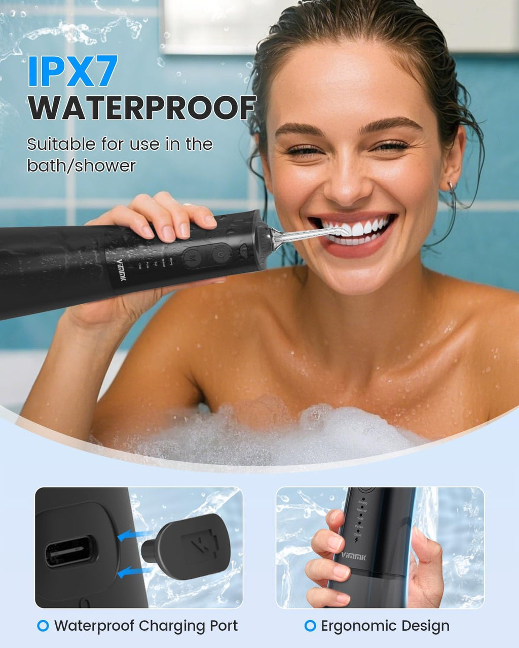 Water Flosser, Cordless Water Dental Flosser, 9 Jet Tips 5 Modes 300ML IPX7 Waterproof, Portable Rechargeable Oral Irrigator for Home Travel - Gums, Orthodontic, Braces Care - Black