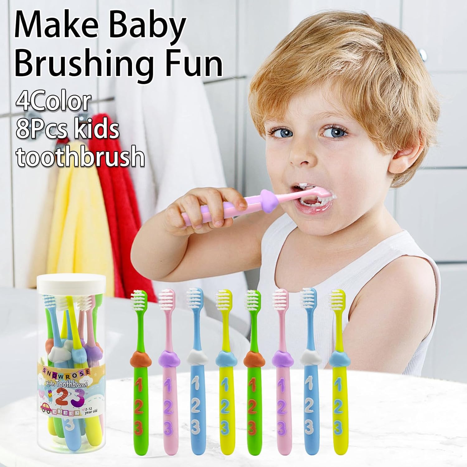 SNOWROSE 8 Pcs Kids Toothbrushes,Soft Bristles Toothbrushes for 2-12 Years Old Kids, Multicolor Baby Toothbrush Pack, Cute Toddler Toothbrush Girl & Boy
