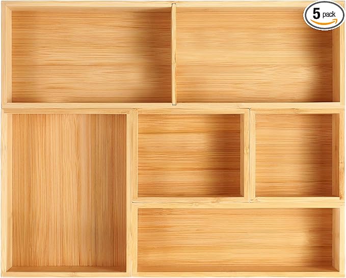 Fabsome Bathroom Drawer Organizer, Bamboo Box Bin for Junk Vanity Desk Makeup Drawer, Small Wooden Container Tea Storage Organization Tray for Kitchen Office, Set of 5