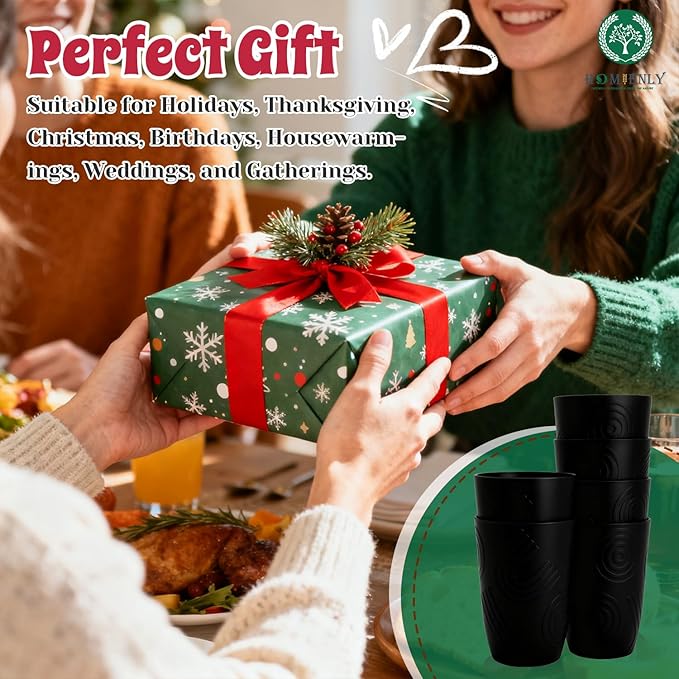 Homienly Wheat Straw Cups Set of 6, 12 OZ Alternative Plastic Cups Reusable, Stackable Drinking Cups, Water Cups, Coffee Cups, Unbreakable Glasses Drinking for Camping, Travel, Party - Black