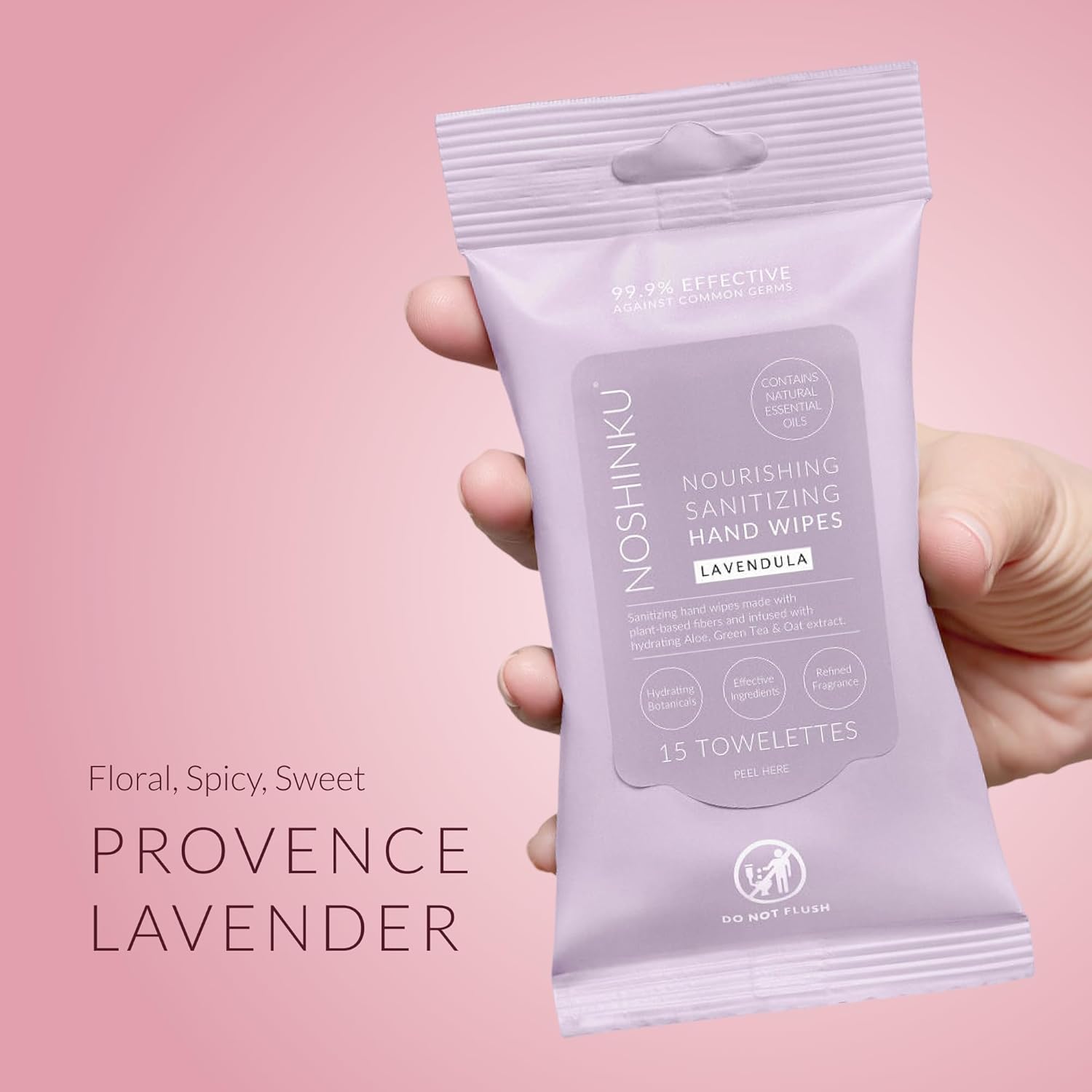 Noshinku – Lavendula Hand Sanitizer Wipes, 3-Pack (45 Towelettes) – Resealable Travel Wipes with Ethyl Alcohol, Aloe & Green Tea, Plant-Based Fiber, Essential Oil Scents, Cruelty-Free & No Dyes