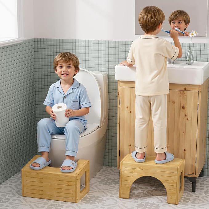 AmazerBath Toilet Stool for Toddler Potty Training, 3-in-1 Sturdy Bamboo One Step Squat Poop Foot Stool, Non-Slip Baby & Kids Potty Step Stool for Bathroom Sink, Kitchen Counter, Bedroom, Closet, 9"