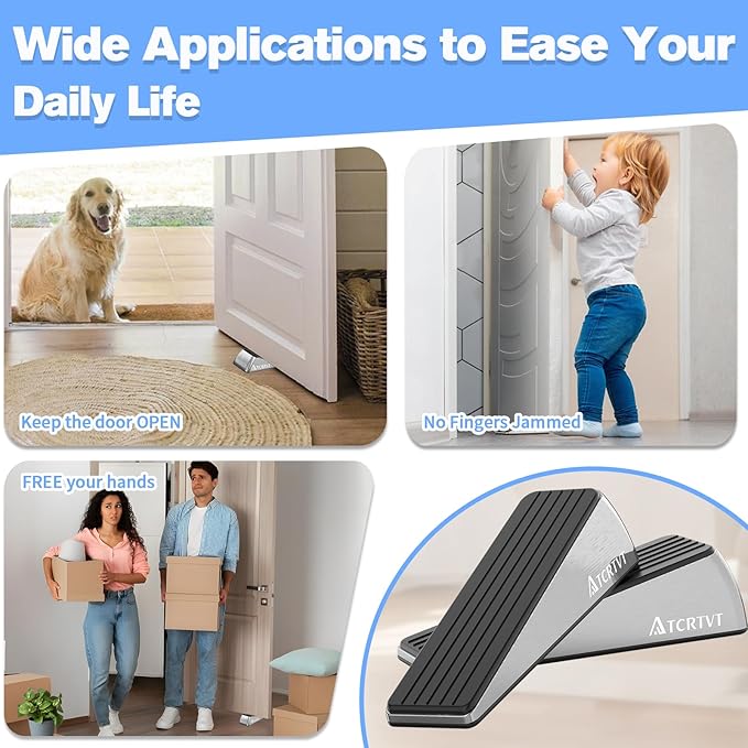 Heavy Duty Door Stopper Wedge 2 Pack Small Size Door Stop Wedge Made of Premium Quality Brushed Stainless Steel Suits Any Door, Any Floor with Self-Adhesive Holder Matt Chrome Small