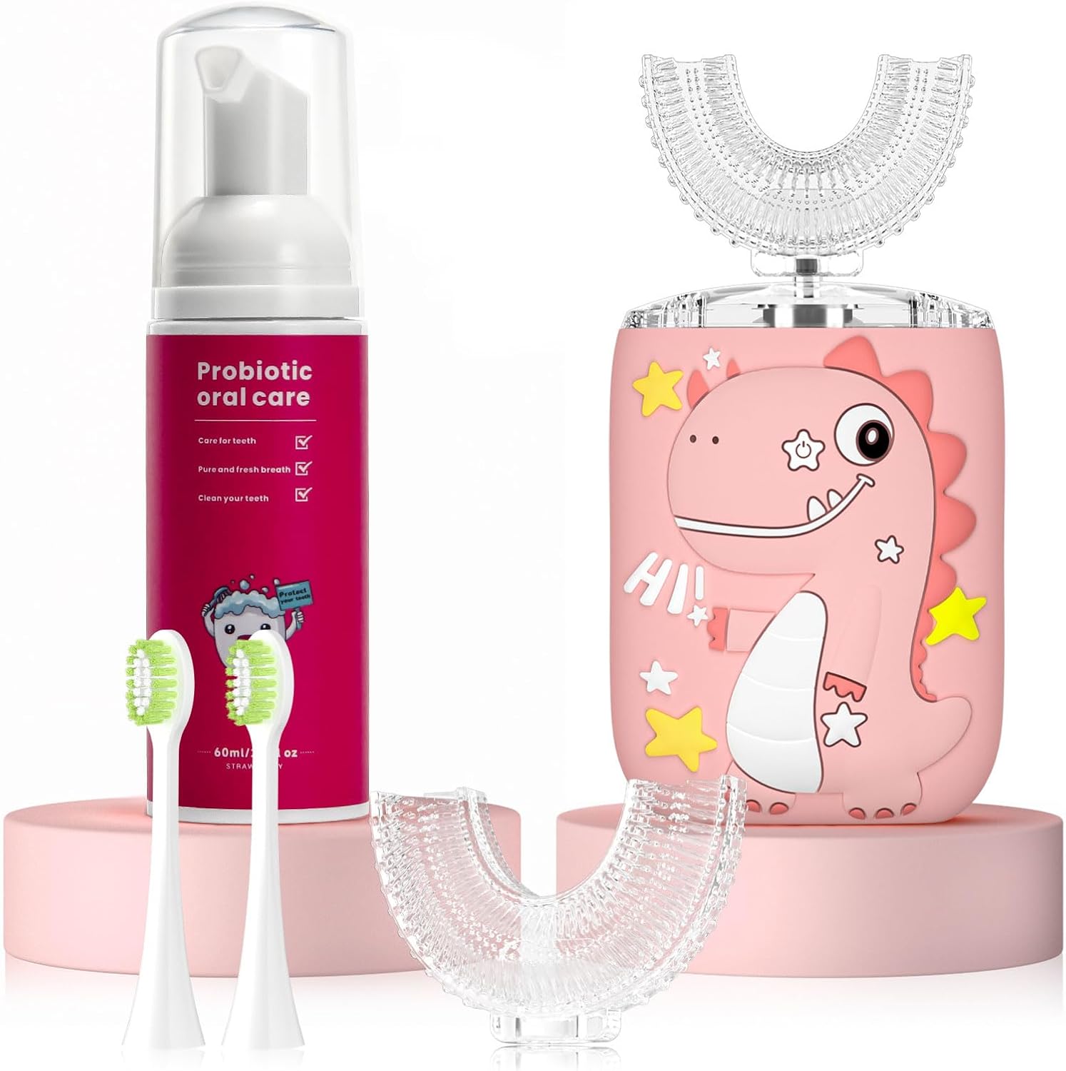 Kids Electric U Shaped Toothbrush,Kids Dinosaur Sonic Full Mouth Toothbrush with 4 Soft Brush Head Automatic 6 Cleaning Modes IPX7 Waterproof 360 Degree Cleaning - Age2-7 Pink