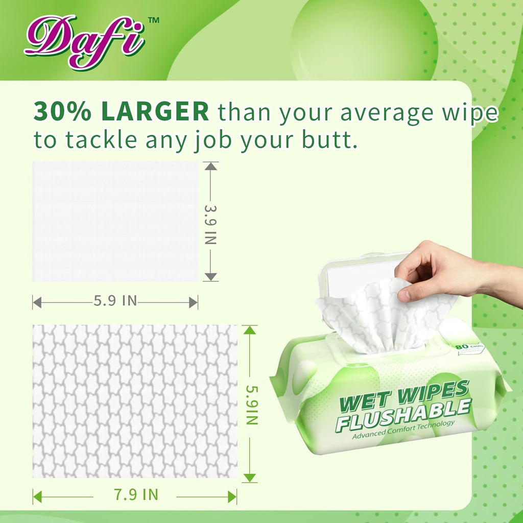 DAFI Flushable Wipes for Adult Wet Wipes, Total 720 Unscented Toilet Wipes Flushable, No Alcohol & 100% Plant Based Fibers, Septic and Sewer Safe Pack of 9