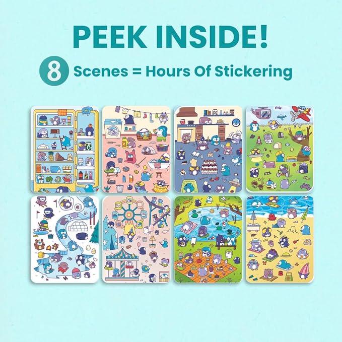 Cupkin Penguin Sticker Book Activity for Kids, Toddler Airplane Travel Essentials, 300+ Animal Stickers for Kids + 8 Scenes + Coloring Book Pages, Penguin Children's Gift, Crafts Ages 2-8