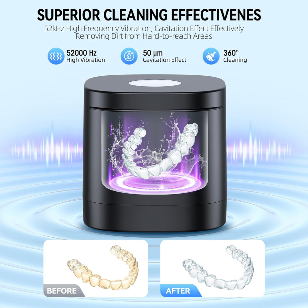 TEBAL Ultrasonic Retainer Cleaner Machine, 52kHz Ultrasonic Denture Cleaner for Night Guards, Braces, Toothbrush Heads, Jewelry and More, Ultrasonic Cleaner for Retainers with 250ML Capacity, Black