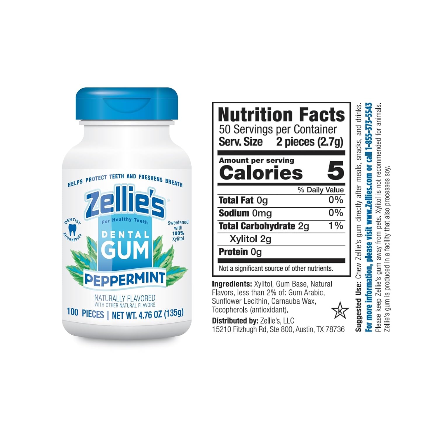 Zellie's | 100% Xylitol Peppermint Chewing Gum | No Aspartame, Gluten Free, Vegan & Kosher (100 Count - Pack of 1)