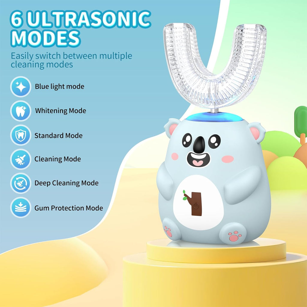 Kids U Shaped Electric Toothbrush, Automatic 360° Sonic Cleaning, 6 Modes, 4 Brush Heads, Cute Cartoon Koala Design (2-6 Age (Grey Blue))