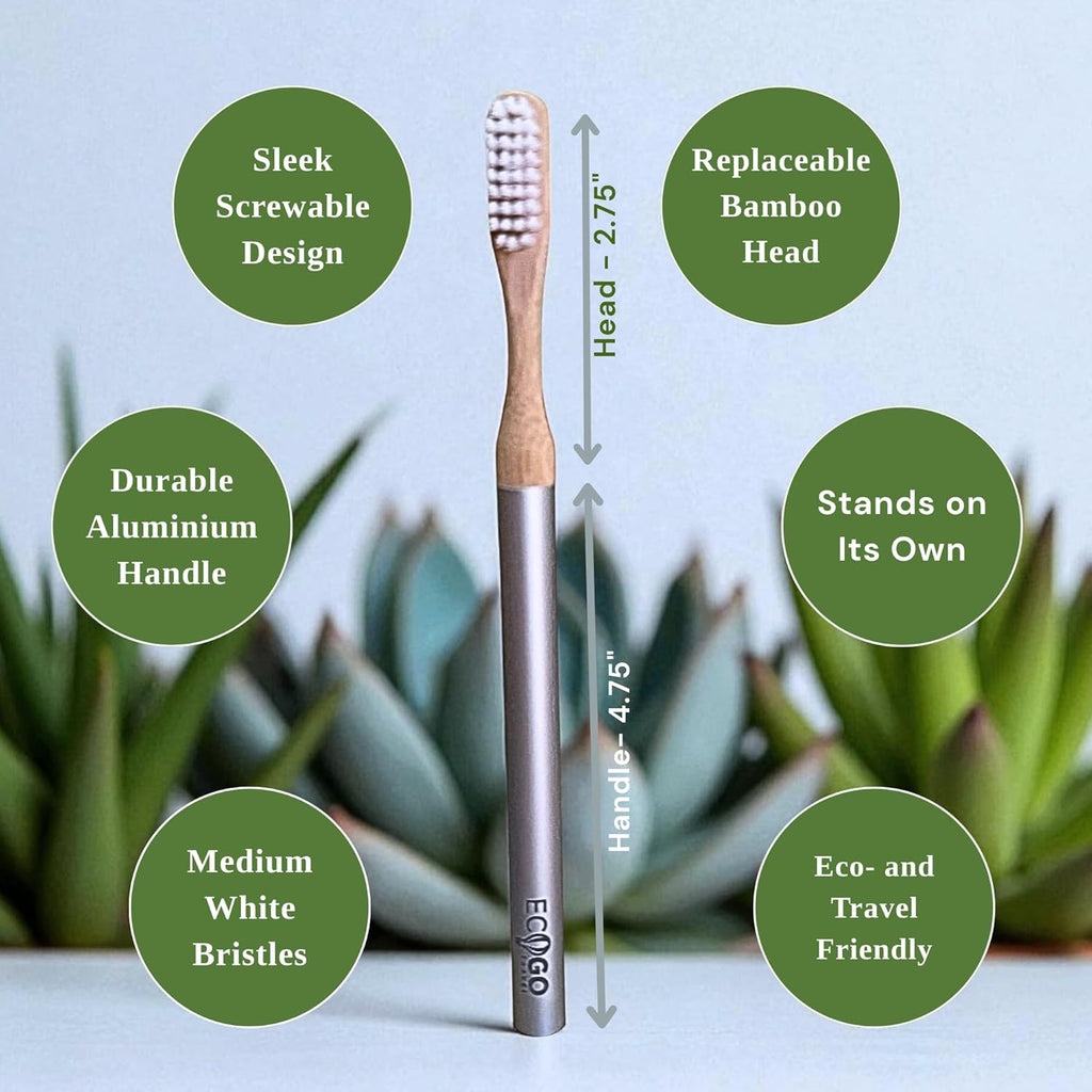 Screwable Toothbrush with Bamboo Head & Aluminum Handle – Eco-Friendly, Compact, Travel-Ready, Self-Standing, Durable, Replaceable Heads for Sustainable Oral Care