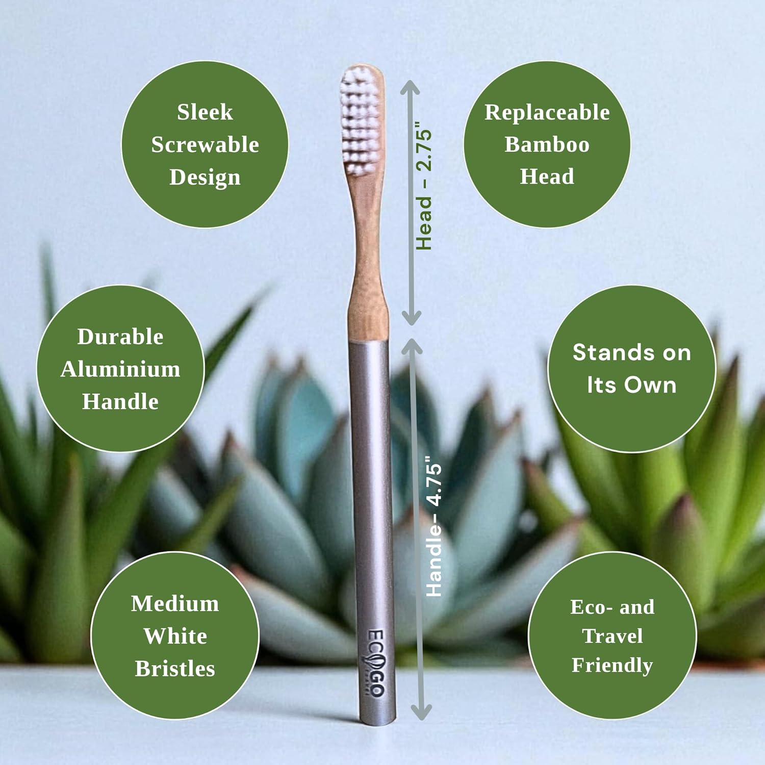 Screwable Toothbrush with Bamboo Head & Aluminum Handle – Eco-Friendly, Compact, Travel-Ready, Self-Standing, Durable, Replaceable Heads for Sustainable Oral Care