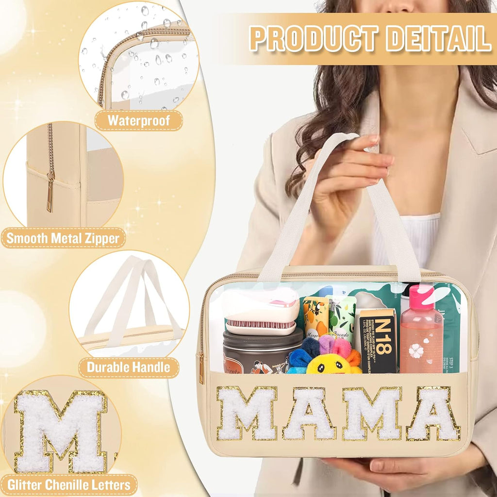 Preppy Clear Mama Makeup Bags with Chenille Letter Patches, Travel Essentials Large Clear Make up Bag Zipper Pouch with Handle, Waterproof Nylon Cosmetic Toiletry Storage Tote for Women (MAMA-Beige)