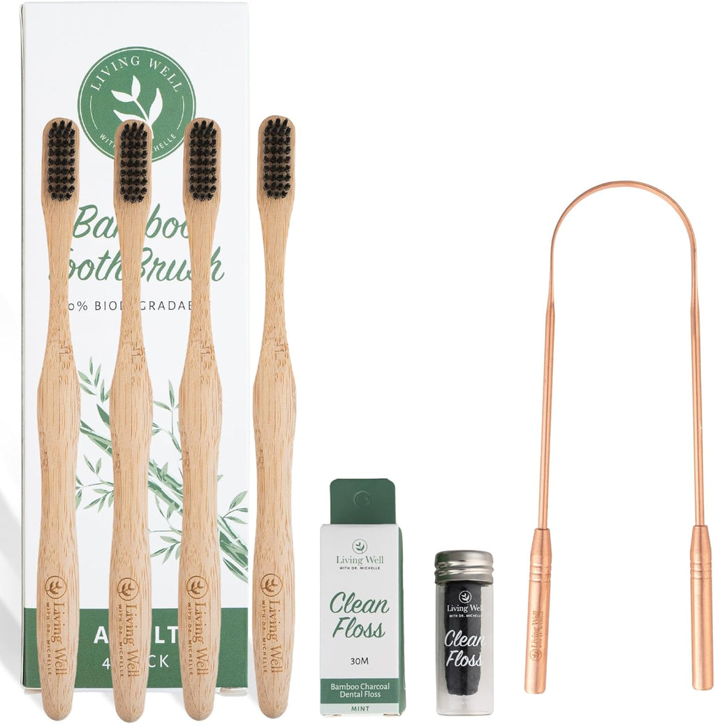 Living Well with Dr. Michelle Bamboo Toothbrush, Floss, and Copper Tongue Scraper Set