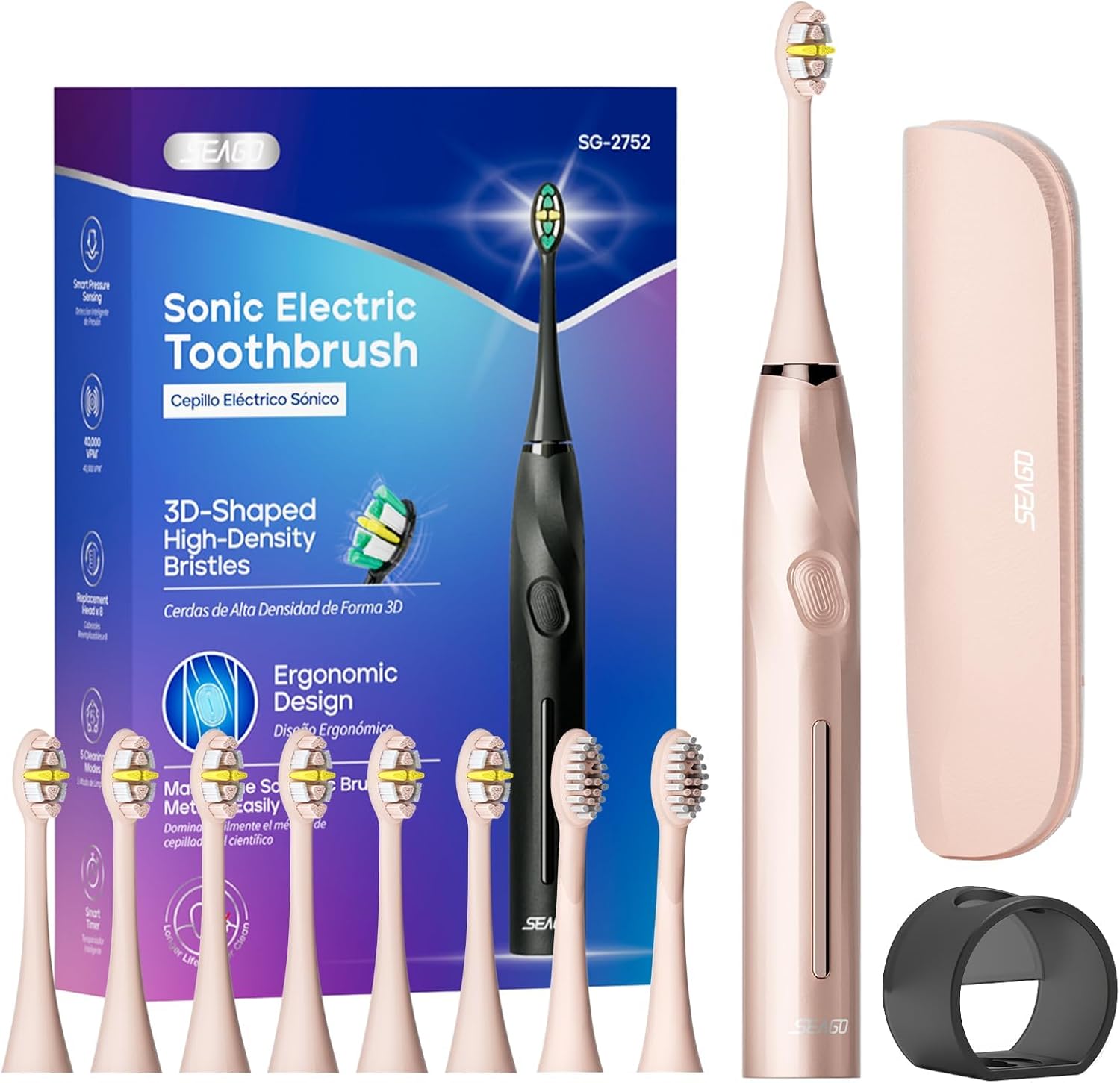 SEAGO Electric Toothbrush with 8 Soft Bristle Heads for Adults，Pressure Sensor, 5 Modes with 2 Minutes Build in Smart Timer,Rechargeable Travel Toothbrush with Brush Hold and Travel Case(2752Pink)