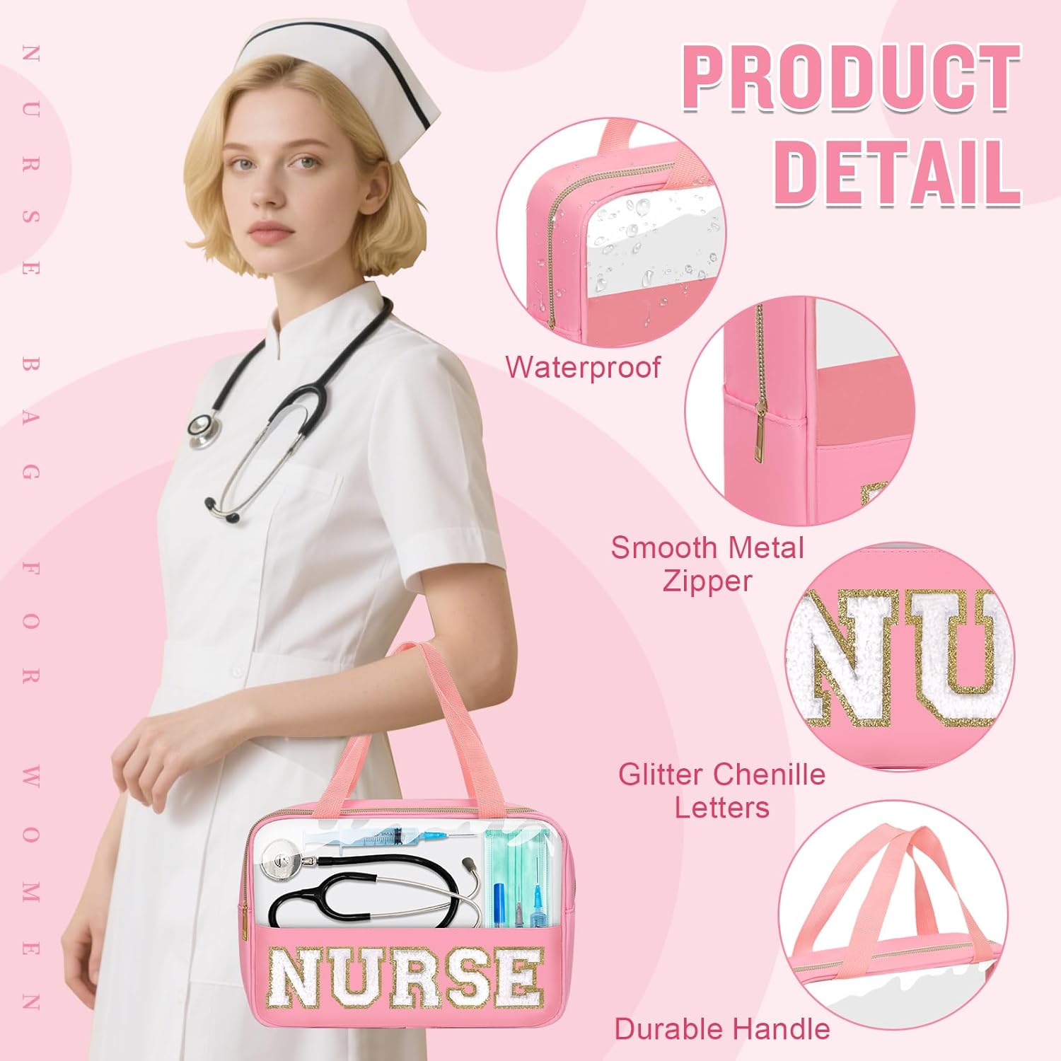 Nurses Week Gifts Chenille Letter Clear NURSE Makeup Bag for Women,Preppy Nurse Cosmetic Pouch Zipper with Handle Nurse Essentials Bag for Work Supplies,Travel Waterproof Toiletry Storage(NURSE-Pink)