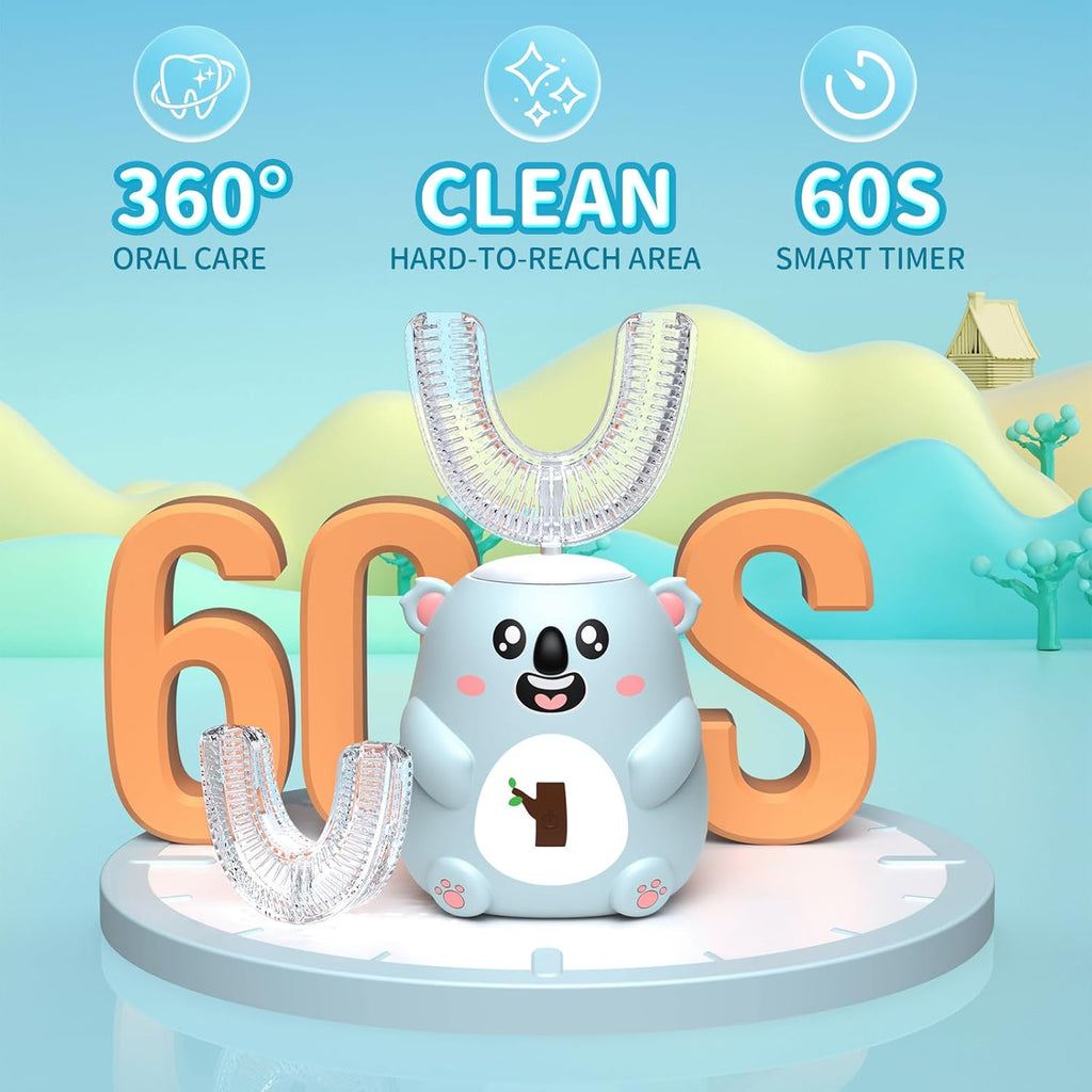 Kids U Shaped Electric Toothbrush, Automatic 360° Sonic Cleaning, 6 Modes, 4 Brush Heads, Cute Cartoon Koala Design (6-12 Age (Grey Blue))