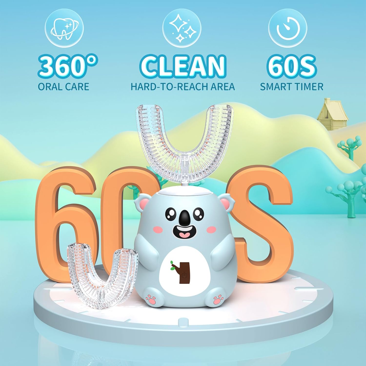 Kids U Shaped Electric Toothbrush, Automatic 360° Sonic Cleaning, 6 Modes, 4 Brush Heads, Cute Cartoon Koala Design (6-12 Age (Grey Blue))