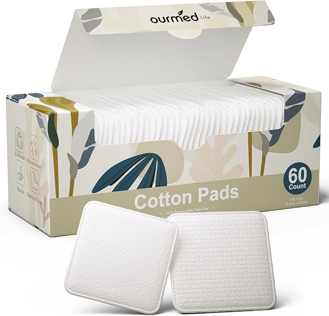 Ourmed Life Large Cotton Pads for Makeup Removal, Soft & Lint-Free Face Pads with Pressed Seam Design, Durable Makeup Remover Pads for Facial Cleansing on All Skin Types, 3x3 Inch, 60 Count