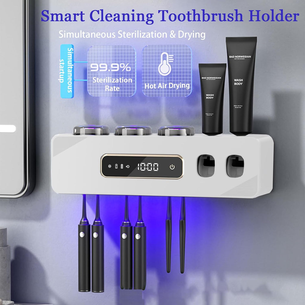 Automatic Toothpaste Dispenser,Rechargeable Toothbrush Holders for Bathrooms,3 Cups Electric Toothbrush Holder Wall Mounted with Toothpaste Dispenser Bathroom Decor (White)