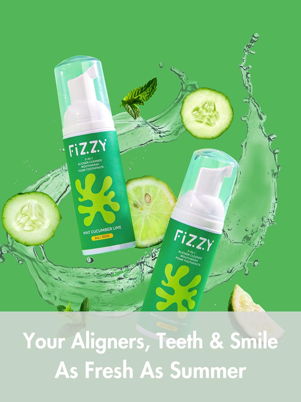 Fizzy 3-in-1 Foam Cleaner for Aligner, Retainer, Denture, Night Guard, MouthGuard, Invisalign | Free of Alcohol, SLS, Fluoride | Xylitol Mouthwash & Foam Toothpaste| Travel-Size, Mint Cucumber