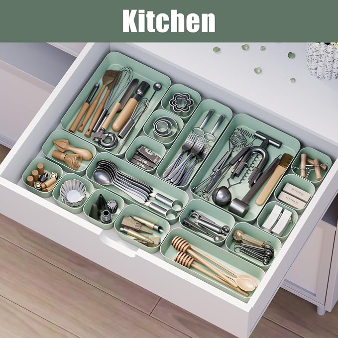 Plastic Drawer Organizers, 18 PCS Drawer Organizer Bins, Bathroom and Vanity Organizer Plastic Tray, Makeup organizer and storage for Makeup, Bedroom, Kitchen Gadgets Utensils and Office