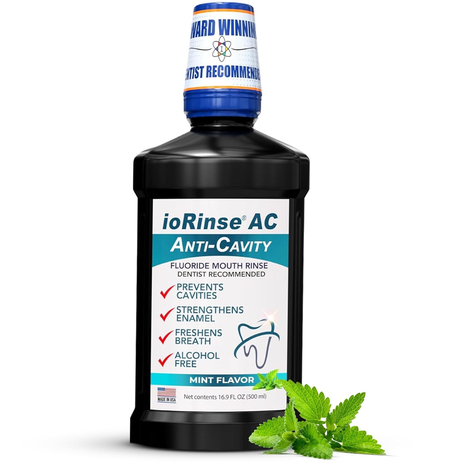 ioRinse AC Anticavity Fluoride Mouthwash - Alcohol-Free Molecular Iodine Mouth Wash Fights Tooth Decay & Protects Enamel - Safe Mint Rinse for Sensitive Mouths - Potent Bad Breath Protection 16 oz