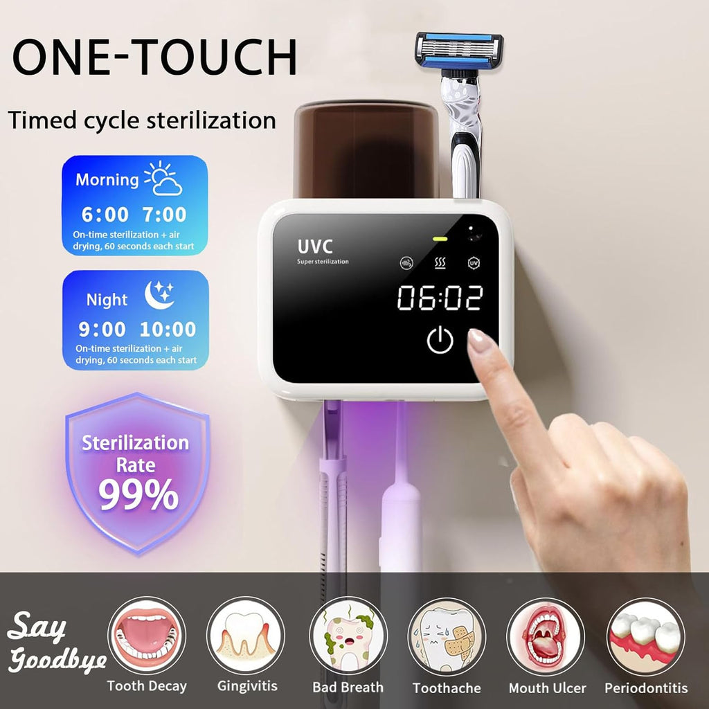 Bathroom Toothbrush Holders-2 Slots 1 Cup,Electric Toothbrush Holder with Constant Temperature Drying, Timed Cleaning, Air Drying, Rechargeable Wall-Mounted Toothbrush Holder with 4000mAh (White)