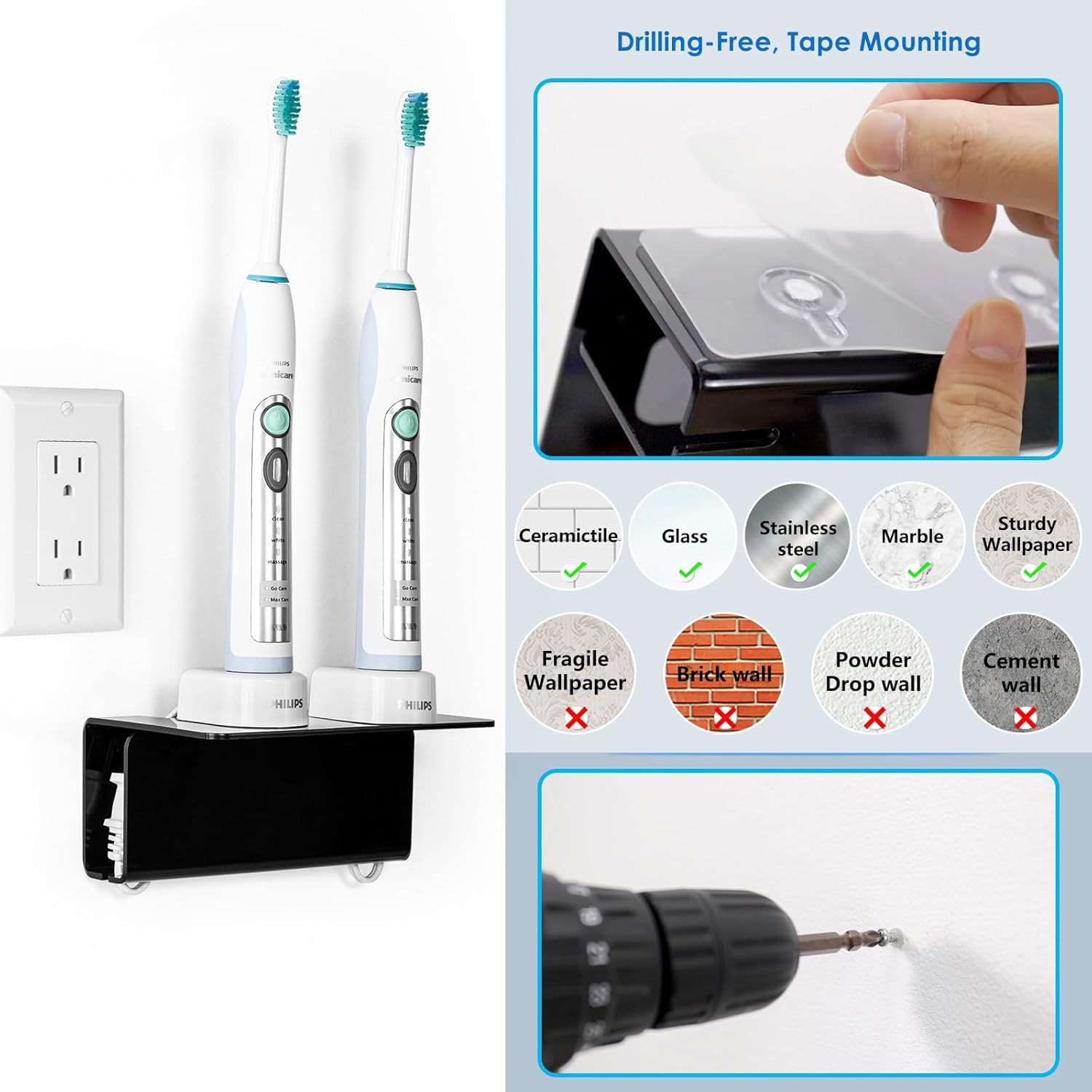 Acrylic Electric Toothbrush Holder for Bathroom,Wall Mounted with Hidden Cable Management, Secure and Non-Slip Design, Won't Fall Off for Reliable Stability -Black