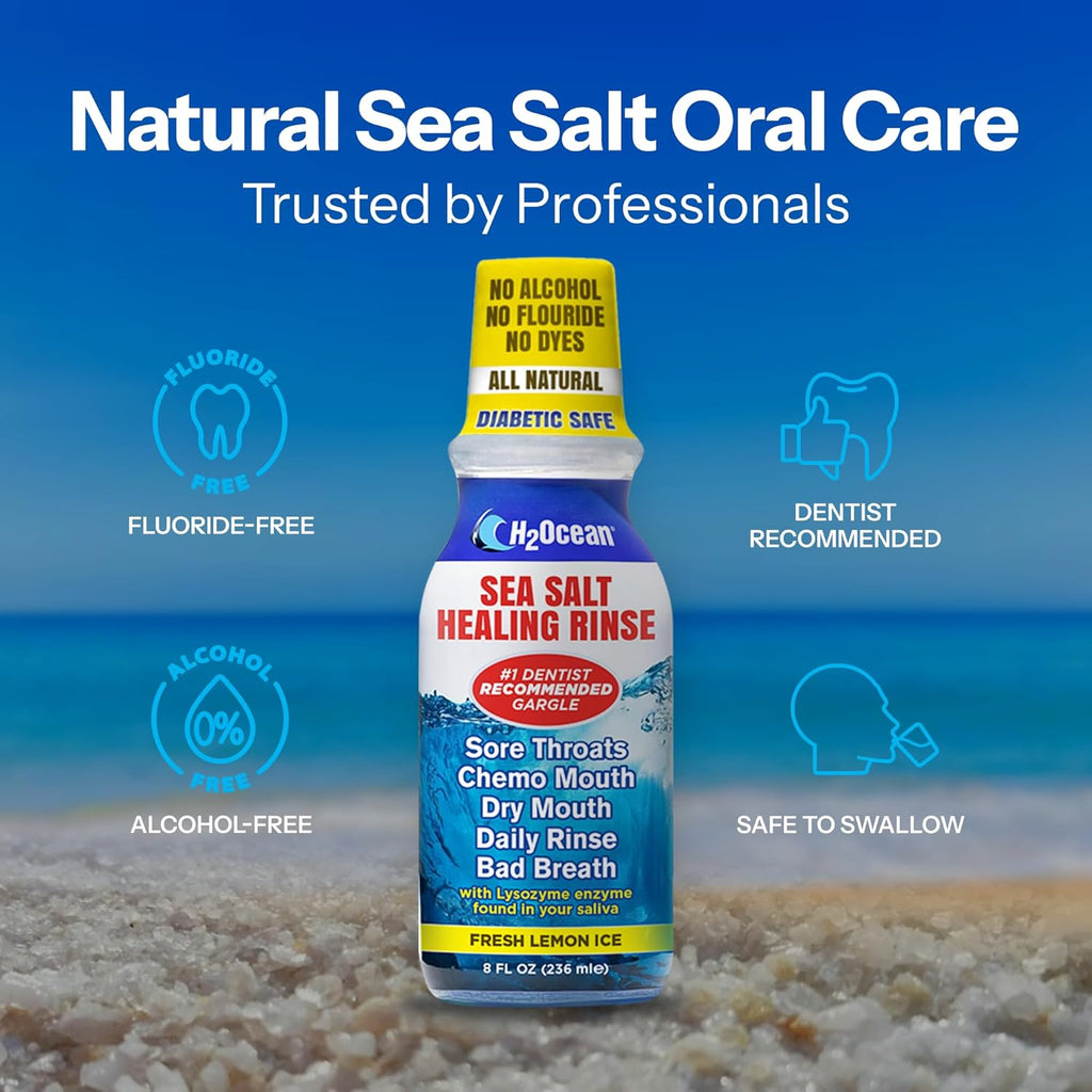 H2Ocean Healing Rinse Natural Sea Salt Oral Care - Mouth Rinse for Oral Care - Great for Piercings, Sore Throats & Gum Health - Alcohol- & Fluoride-Free Mouthwash - Lemon Ice, 16 oz
