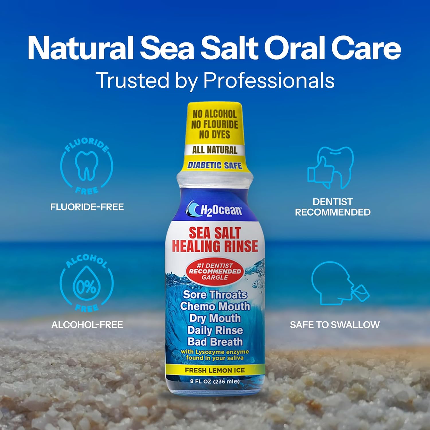 H2Ocean Healing Rinse Natural Sea Salt Oral Care - Mouth Rinse for Oral Care - Great for Piercings, Sore Throats & Gum Health - Alcohol- & Fluoride-Free Mouthwash - Lemon Ice, 16 oz (Pack of 2)
