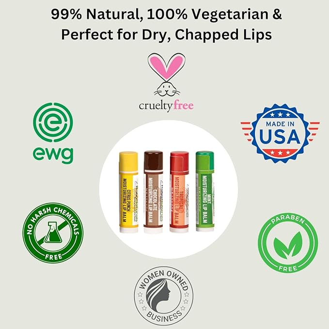 RaGaNaturals All Natural Chocolate, Lemon, Mint, Tropical Moisturizing Lip Balm, Original beeswax, Shea butter, Jojoba oil, Vitamin E and Love - 4 Tubes