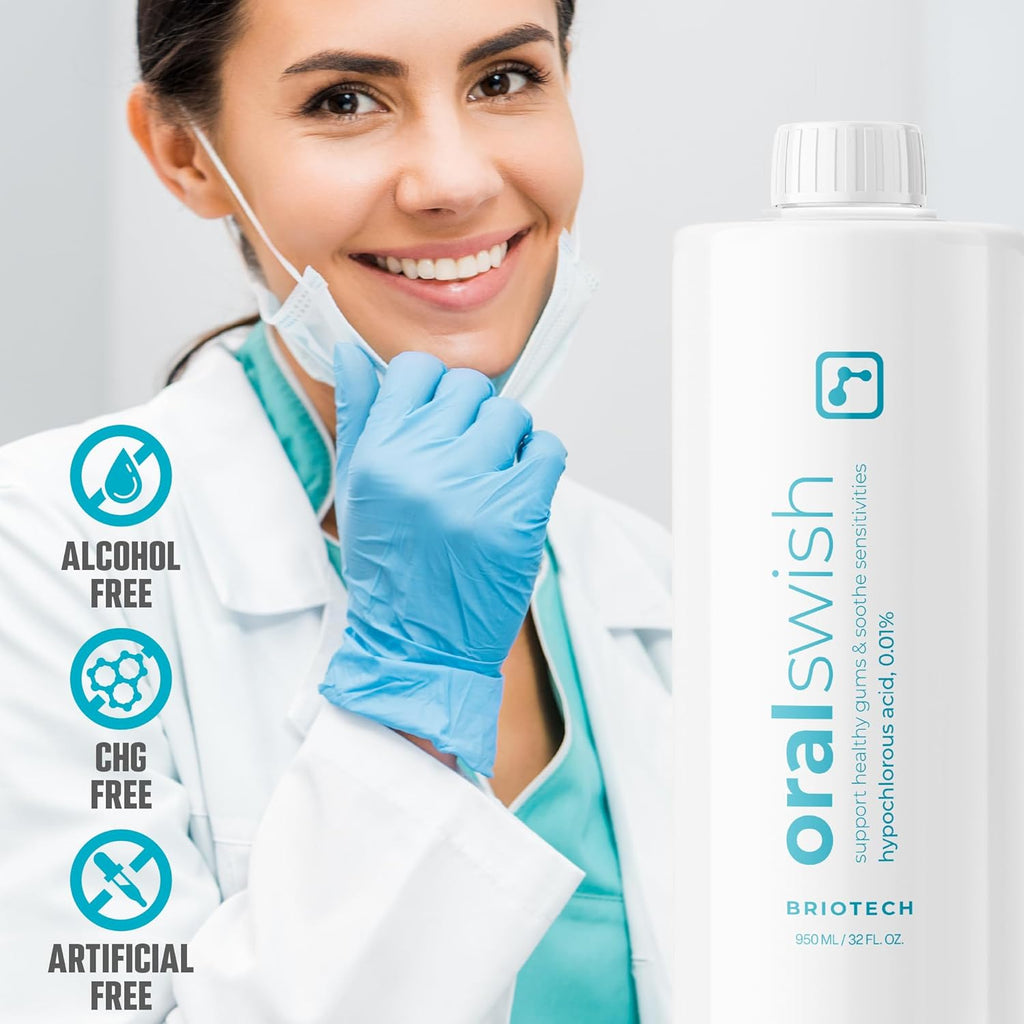 BRIOTECH Oral Swish, Hypochlorous Acid Mouthwash Rinse, Gentle Oral Care Hygiene, Fight Bad Breath, Support Against Plaque, Gum Irritation & Tender Gums, Alcohol & Fluoride Free, 32 fl oz (4 Pack)