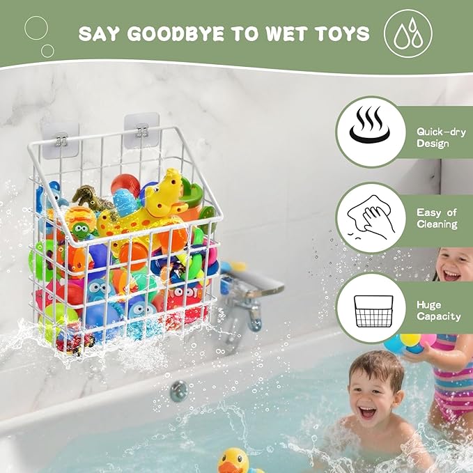 2 Pack Bath Toy Storage Organizer Basket, Large Metal Bathtub Toy Holder, Wall Mounted Hanging Shower Basket, Bath Toy Organizer For Bathtub for Easy Access and Sorting Toys/Clothes/Toiletries