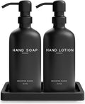Black Glass Soap and Lotion Dispenser Set with Tray by Brighter Barns - Hand Soap Dispenser Bathroom Set & Stainless Steel Pump for Home - Modern Bathroom Accessories, Modern Decor (Black)