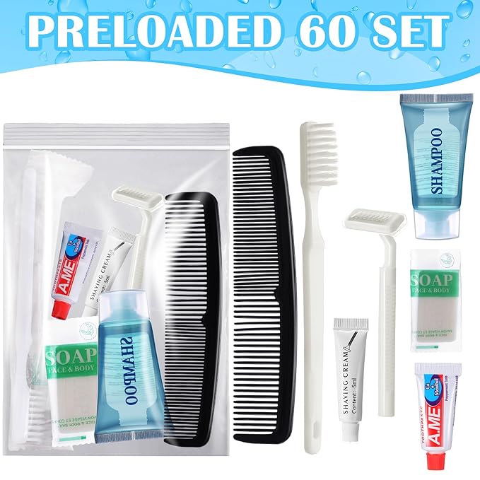 60 Set Travel Convenience Toiletry Kit Bulk Basic Toiletry Kits Travel Size Homeless Personal Hygiene Kit Homeless Care Package Supplies with Reusable Toiletry Bag for Men Charity