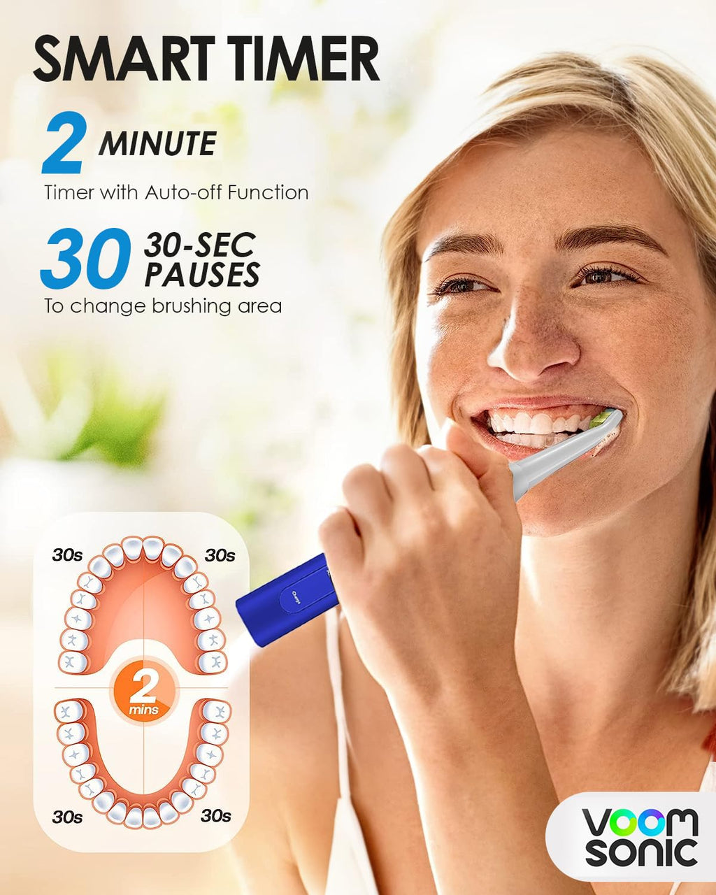 Voom Sonic Pro 5 Series Rechargeable Electronic Toothbrush, Dentist Recommended, Advanced Oral Care, 2 Minute Timer with Quadrant Pacing, 5 Adjustable Speeds, Soft Dupont Nylon Bristles, Blue