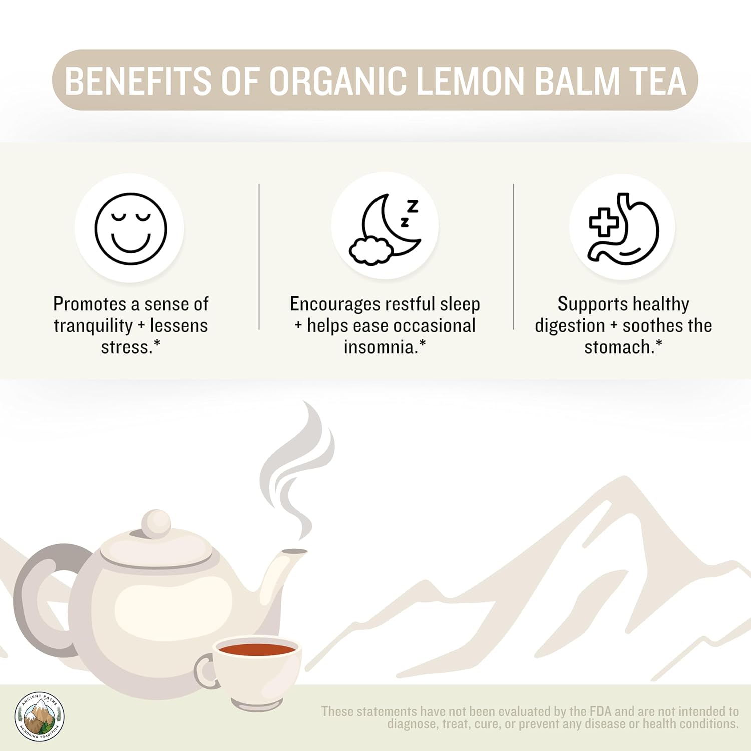 Ancient Paths Organic Lemon Balm Herbal Tea - Nervous & Digestive Support - 100% Pure Dried Lemon Balm Calming Tea - Caffeine-Free & Sustainable Tea Bags - USA Grown (20 Sachets)