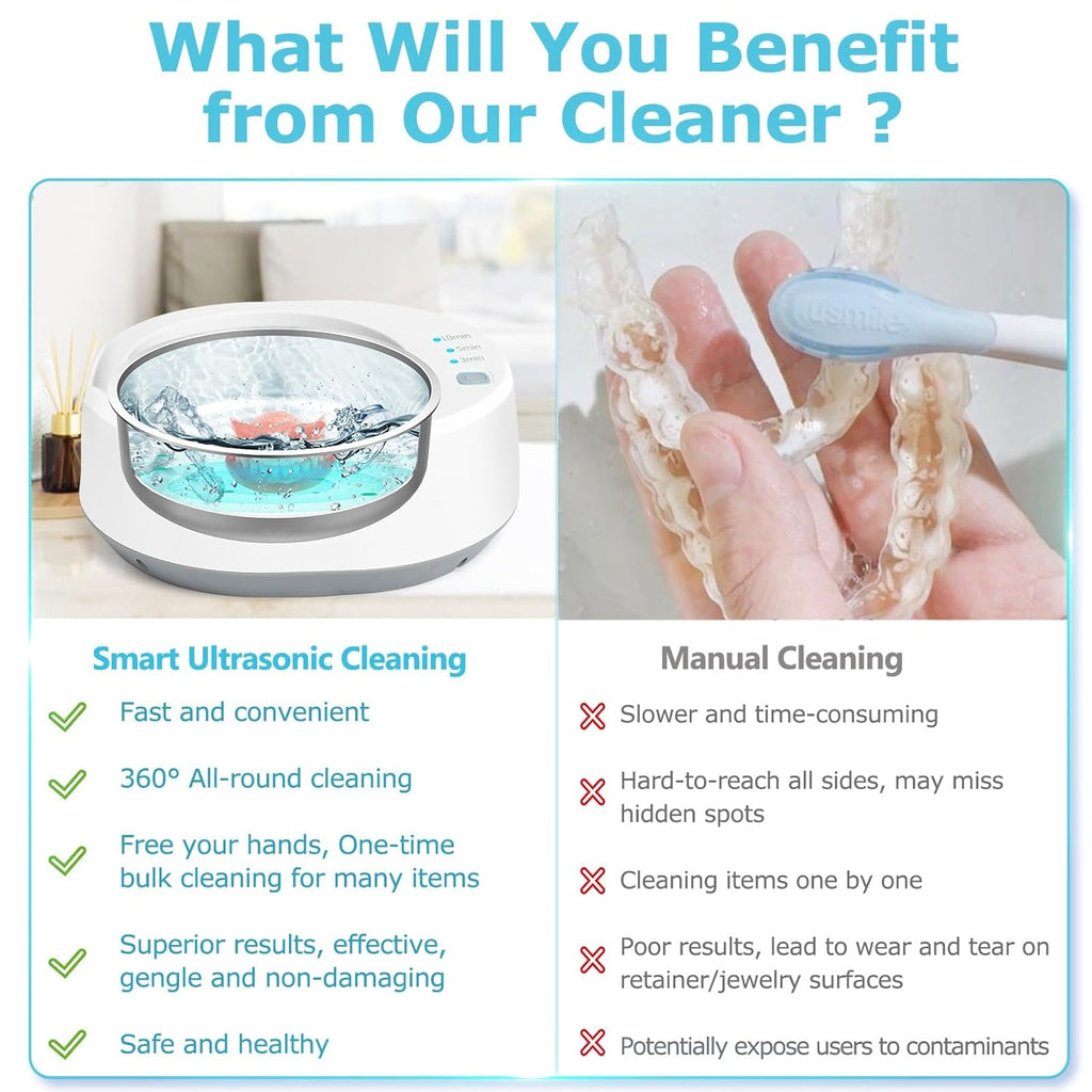 Ultrasonic Jewelry Cleaner, 49kHz Mini Ultrasonic Retainer Cleaner Machine for Earrings, Jewelry, Dentures, Aligner, Night Guards, Mouth Guard- 304 Stainless Steel, 3 Cleaning Modes