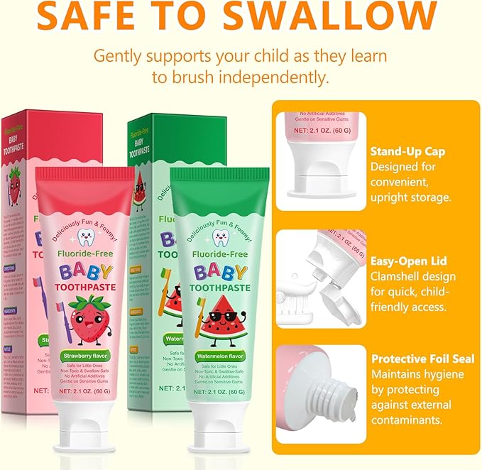 2PACK Kids Toothpaste Watermelon and Strawberry Flavor, Swallowable Toothpaste with xylitol and Vitamin E, Fights Plaque, Designed for Children, 2.1OZ