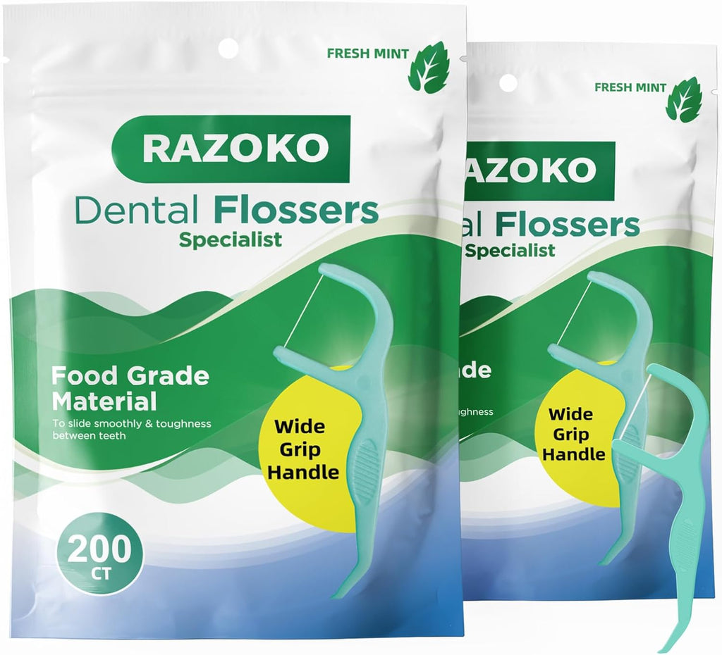 RAZOKO Dental Floss Picks | Toothpick, Shred-Resistant Floss, Easy Grip Handle, Fresh Mint Flavor, 400 Count (Pack of 2)