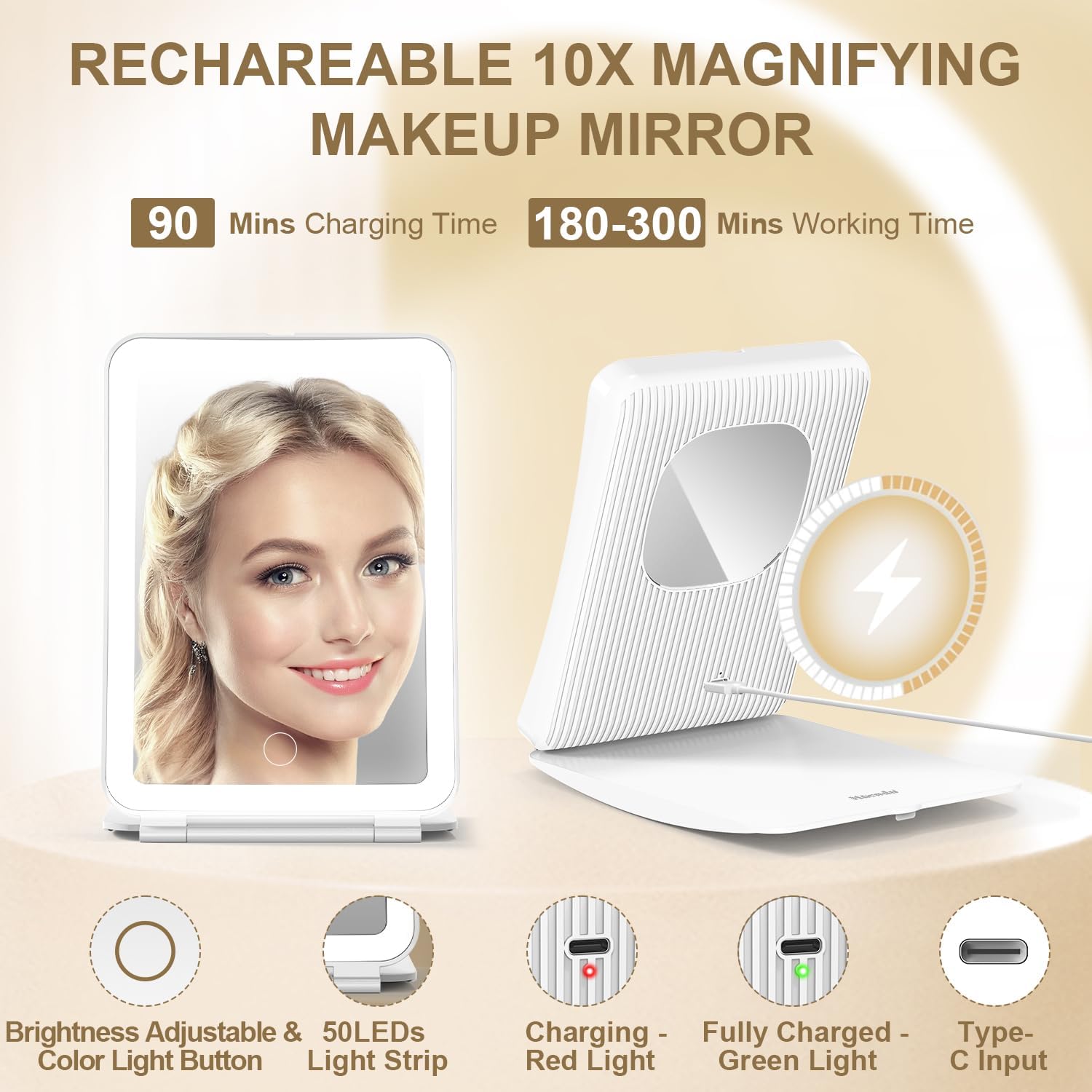 Mocado Travel Makeup Mirror with Light, 1x/10x Magnifying Mirror with Light, 3 Colors Lighted Magnifying Mirror, 2000mAh Rechargeable Lighted Makeup Mirror, Dimmable Touch, Memory Function (White)