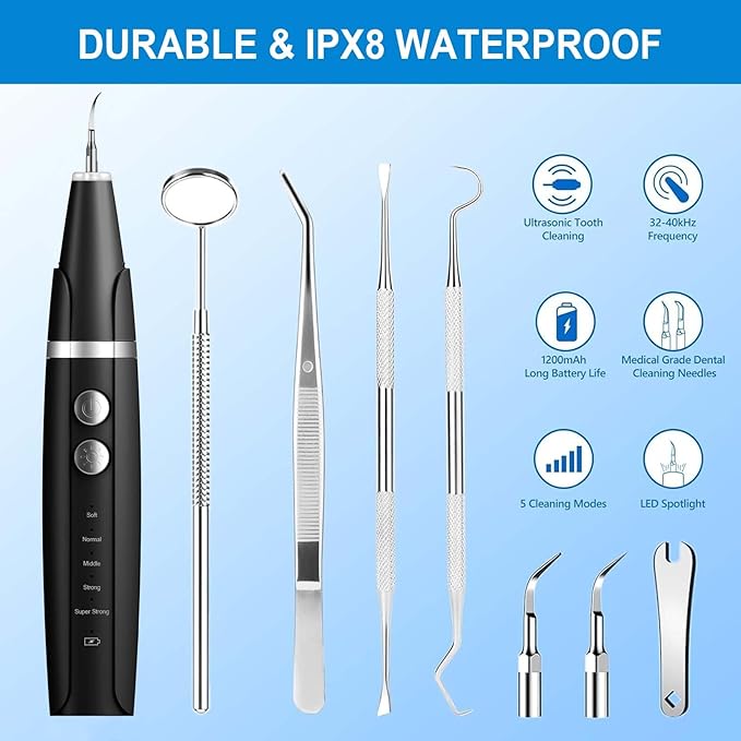 Plaque and Tartar Remover, Dog Ultrasonic Teeth Cleaner Toothbrush for Tartar and Stains with LED Light, 5 Modes Low Noise Sonic Tooth Cleaning Kit Tool for Dogs (Black)
